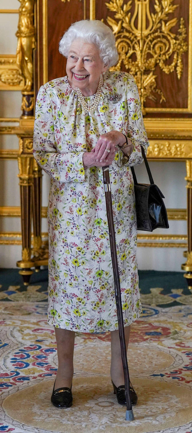The Queen was using Prince Philip's walking stick again for the engagement