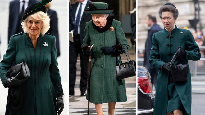 Camilla, the Queen and Princess Anne all dressed in green for Prince Philip's memorial service