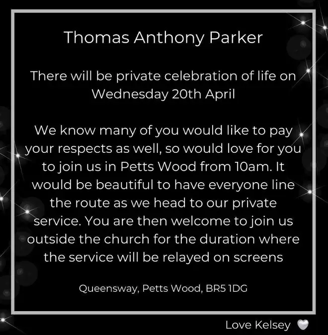 Tom Parker's wife has encouraged fans to attend a ceremony to celebrate his life