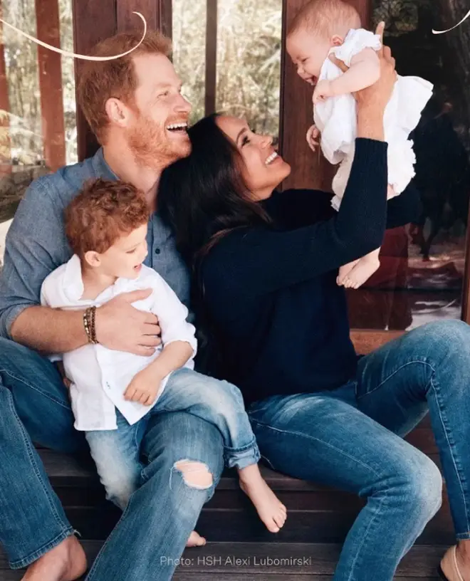 Prince Harry and Meghan Markle pose with their children, Archie and Lilibet, for a Christmas card