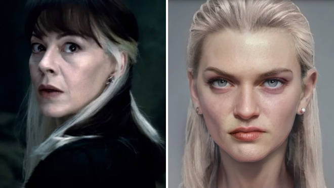 Narcissa Malfoy's black and white hair was adapted for the films, while in the books she is described to just have white-blonde hair
