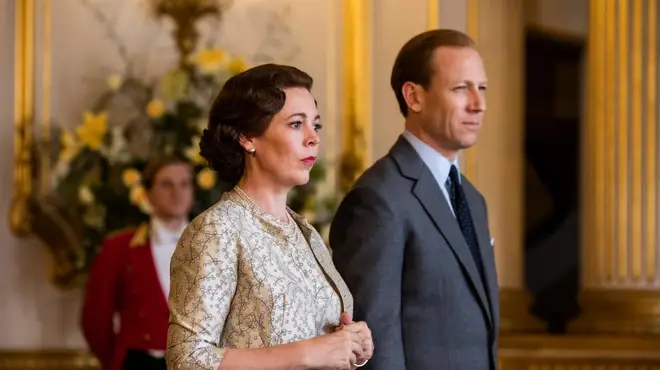Olivia Colman as Queen Elizabeth II and Tobias Menzies as Prince Philip in The Crown