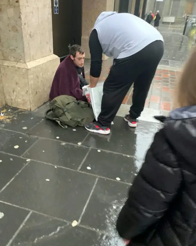 A homeless man was given a food parcel by Pearly Rose's family