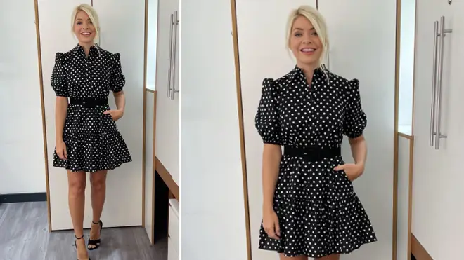 Holly Willoughby is wearing a monochrome dress from Kate Spade