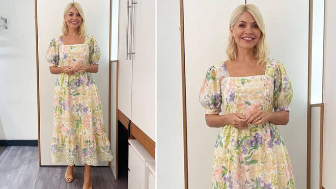 Holly Willoughby is wearing a yellow and green midi dress