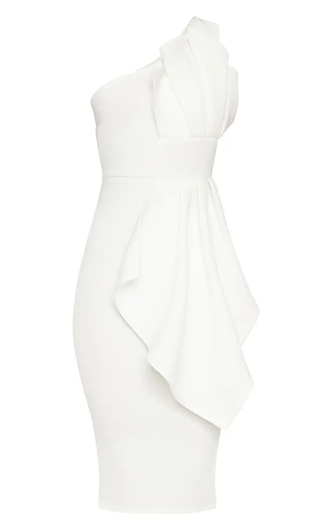 White One Shoulder Pleated Detail Midi Dress