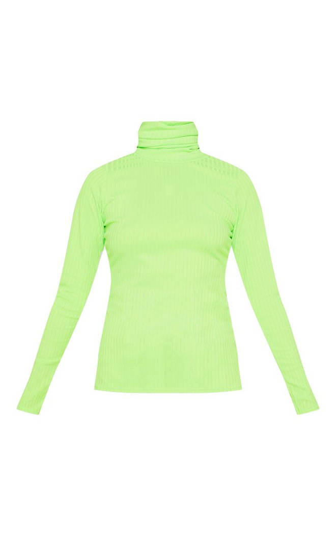Neon Lime Rib Roll Neck Long Sleeve Top