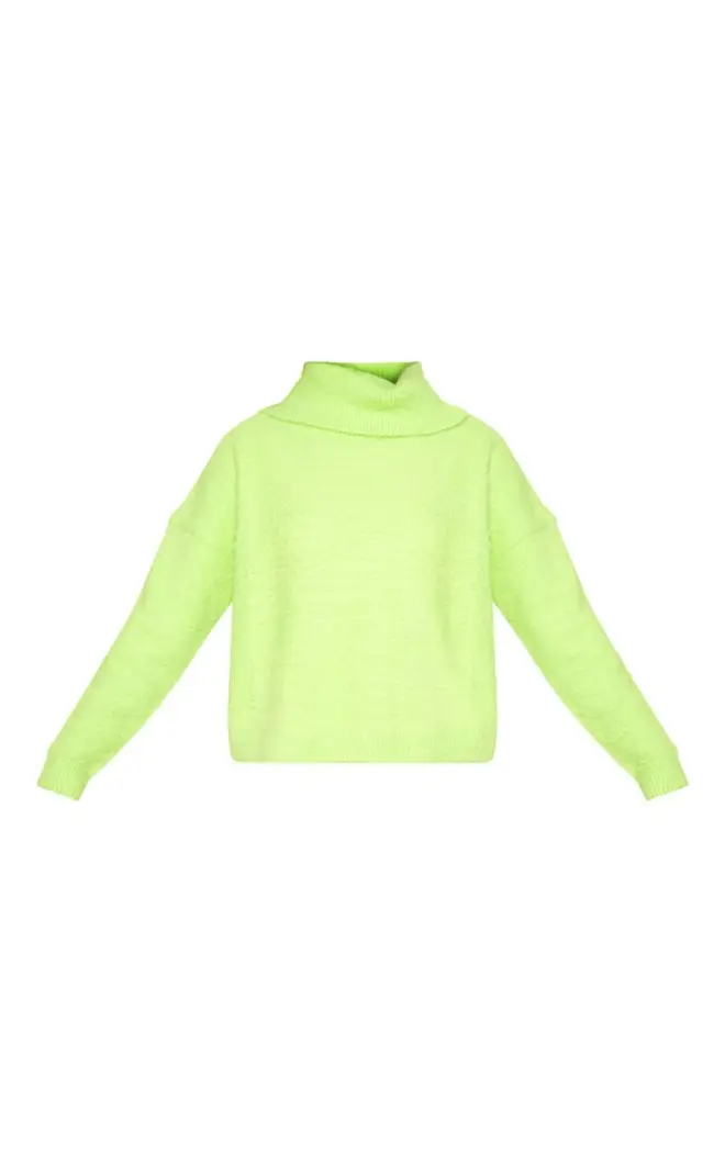 Neon Lime Roll Neck Fluffy Knit Jumper
