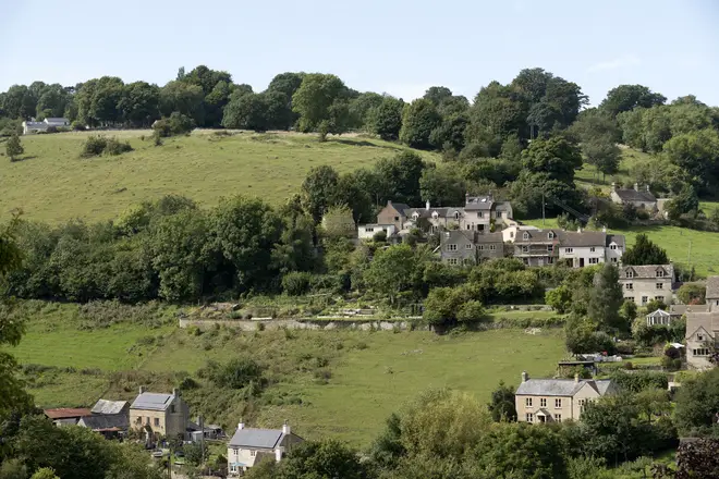 Overview of the Cotswold village of Burleigh near Stroud Gloucestershire England UK