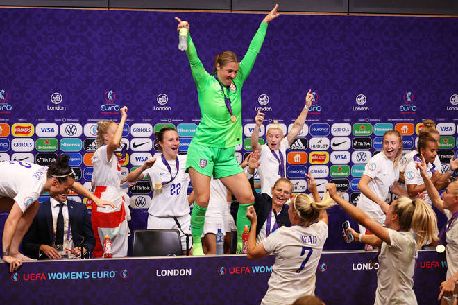 The Lionesses celebrated their victory during Sarina Wiegman's press conference, chanting and dancing to Football's Coming Home