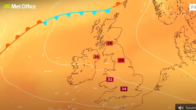 The Met Office are predicting temperatures of up to 34 degrees on Friday