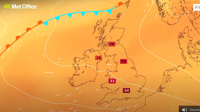 The Met Office are predicting temperatures of up to 34 degrees on Friday
