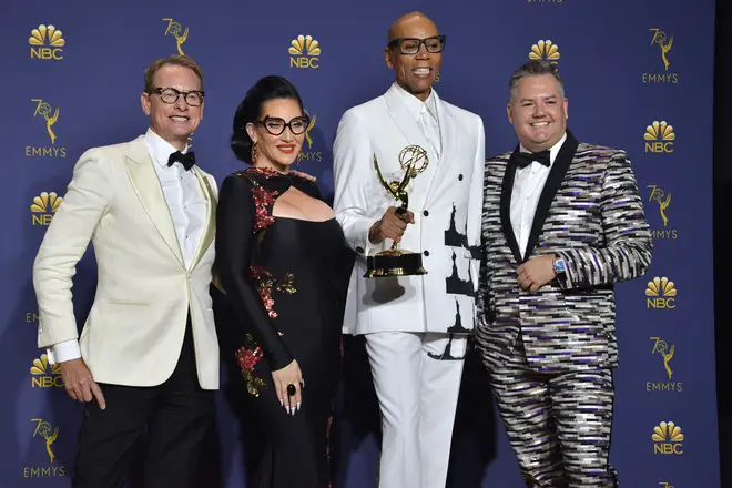 Michelle Visage poses with fellow Drag Race stars after they won the Emmy for Outstanding Reality Competition Programme