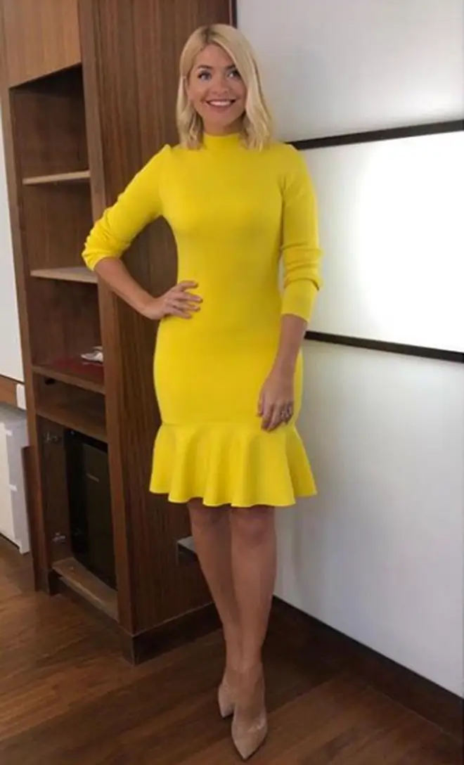 Holly Willoughby wears yellow Karen Millen dress for This Morning