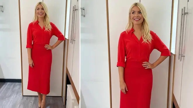 Holly Willoughby is wearing a red skirt