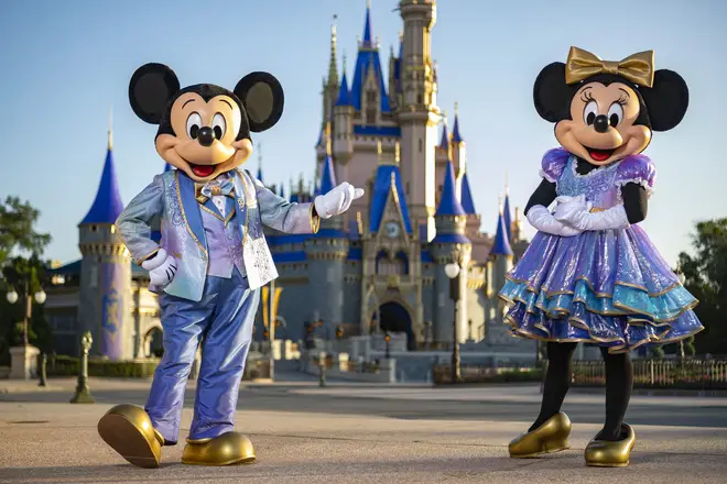 Mickey and Minnie in their 50th Celebration outfits at Walt Disney World
