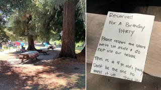 A family tried to reserve a group of park benches