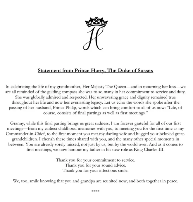 Prince Harry issued a statement on Monday morning following the death of the Queen, his beloved grandmother, on Thursday