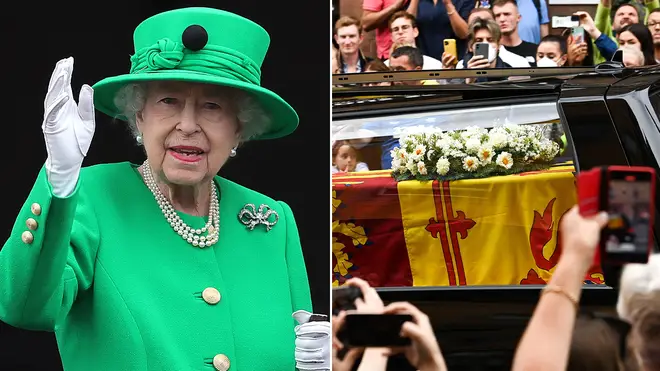 The Queen happy in a green suit alongside her coffin