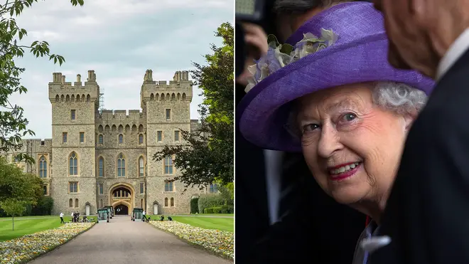 The Queen in purple alongside Windsor Castle