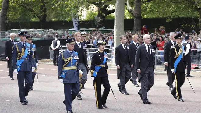 The Queen's children, King Charles III, Princess Anne, Prince Andrew and Prince Edward, lead the procession