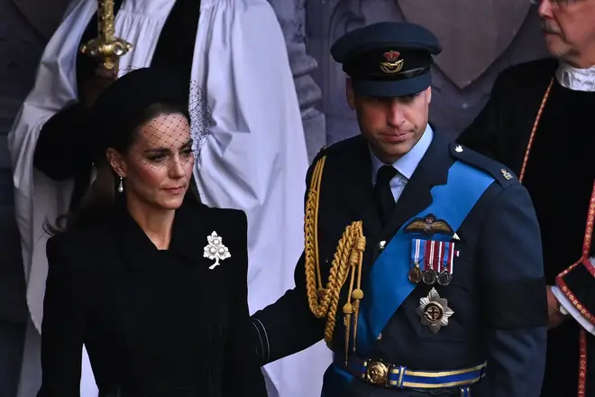 The Princess of Wales wore the Queen's brooch on her left lapel for the service at Westminster Hall