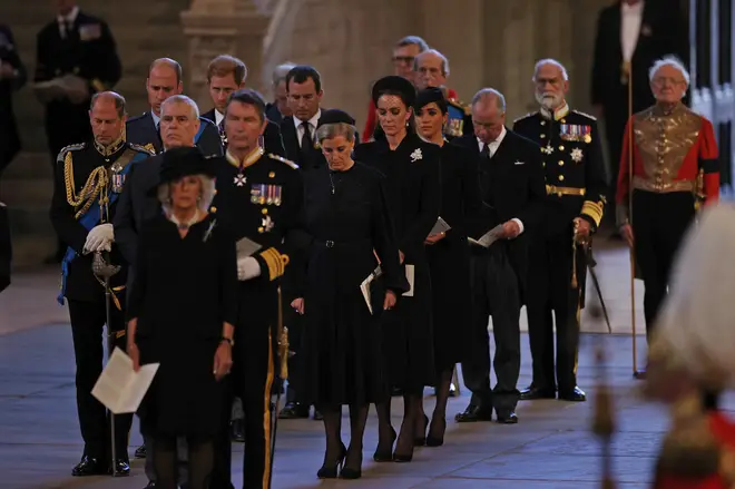 Members of the Royal Family stood in Westminster Hall for the service which followed the procession from Buckingham Palace