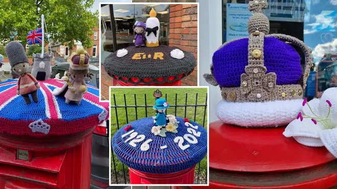 Woolly postbox topper tributes appear across England.
