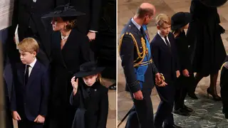 Prince George and Princess Charlotte walk behind Queen's funeral procession