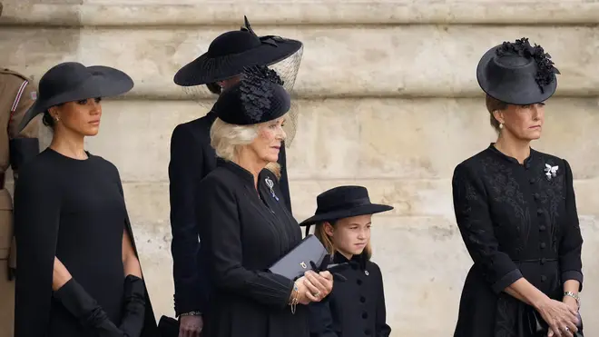 Princess Charlotte stands outside Westminster Abbey with the Princess of Wales, Sophie Wessex, Camilla the Queen Consort and the Duchess of Sussex