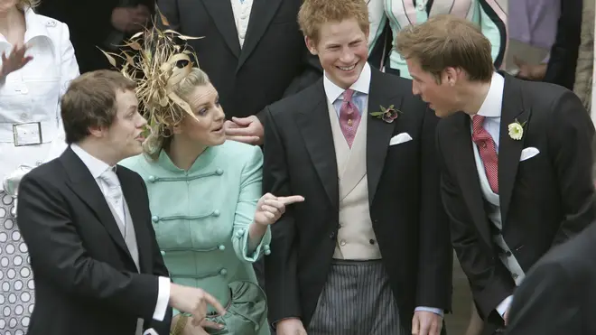 Prince Harry, Prince William, Laura Lopes and Tom Parker Bowles laugh together as their parents, Charles and Camilla, wed in 2005