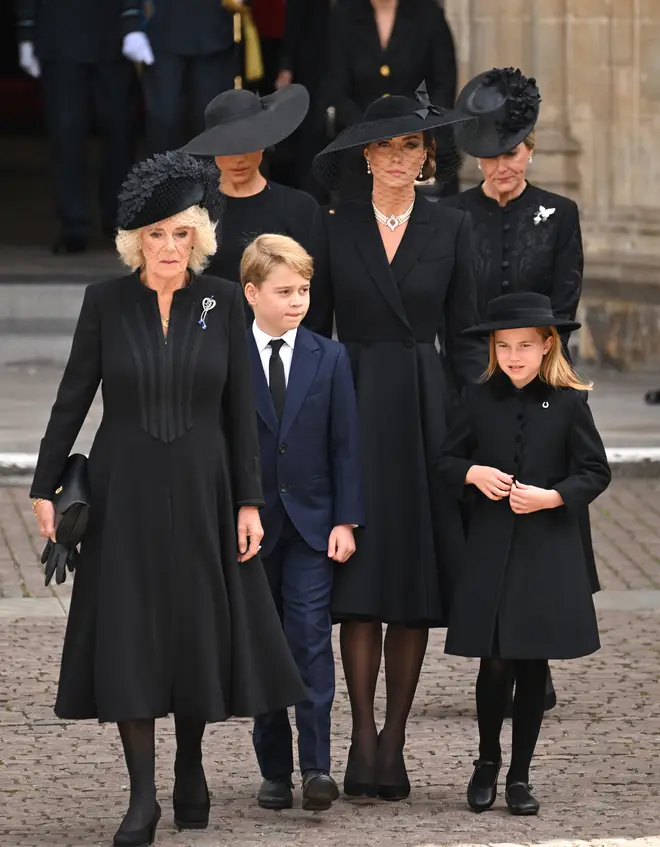 The Princess of Wales, Camilla Queen Consort, the Duchess of Sussex, Sophie Wessex, Prince George and Princess Charlotte attend the state funeral for Queen Elizabeth II