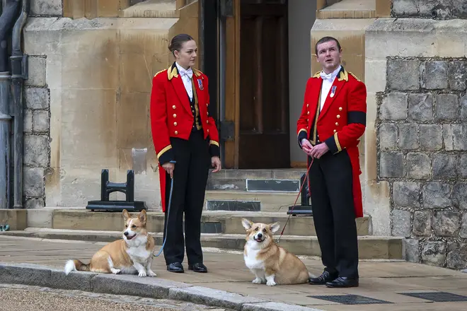 Muick and Sandy wait for the Queen to return to Windsor Castle during the day of Her Majesty's state funeral