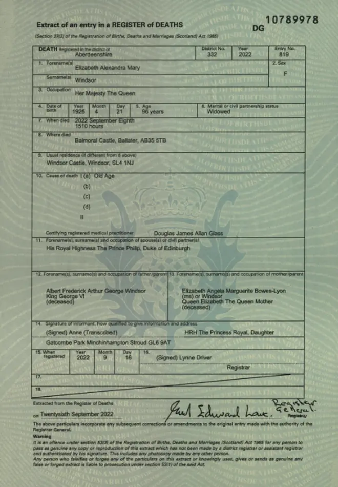 The Queen's death certificate has been released