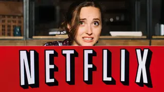 Netflix logo and scared woman watching tv