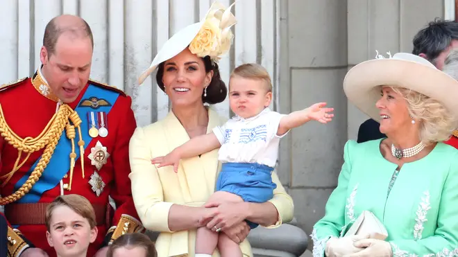 The Prince and Princess of Wales with their children Prince George, Princess Charlotte and Prince Louis and Camilla, Queen Consort, at the 2019 Trooping the Colour