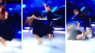 The reality star lost her balance and skidded face first across the ice