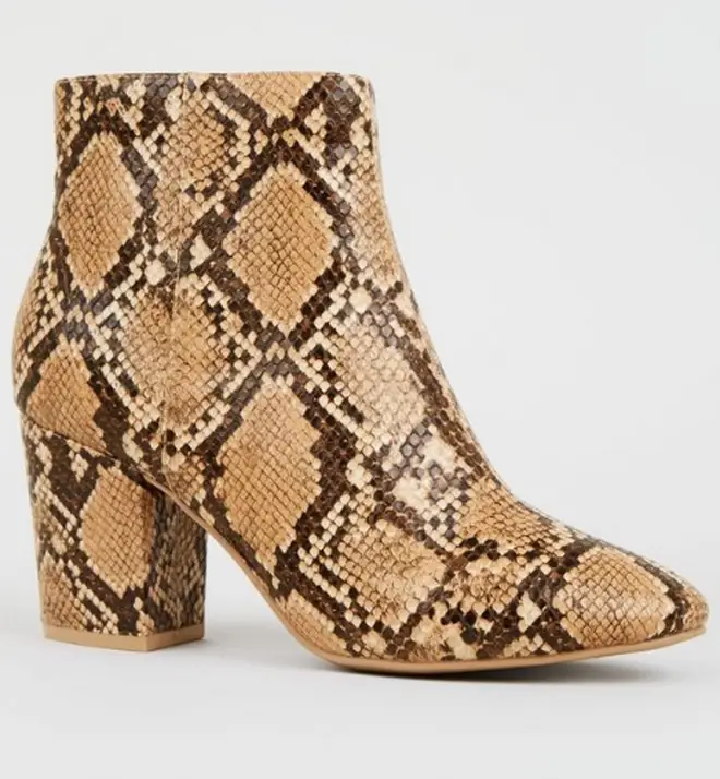 Brown Snake Print Block Heel Boots