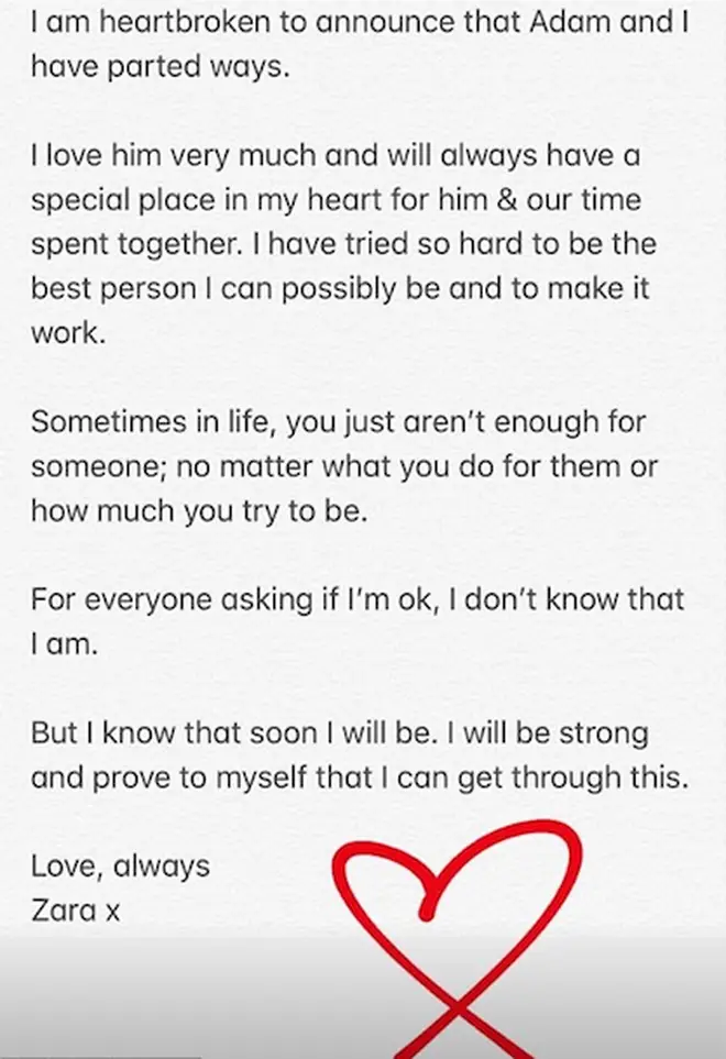 Zara's Instagram statement