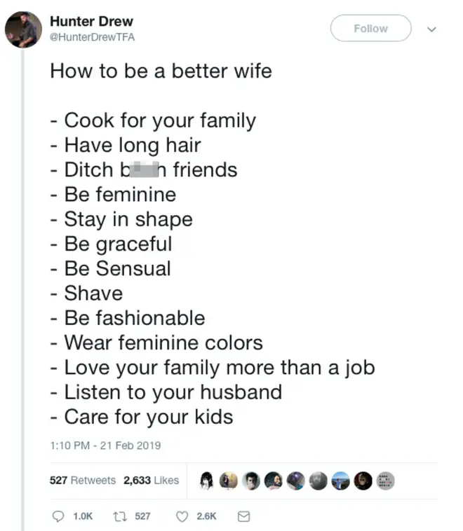 Hunter shared this list with his followers of 'how to be a good wife'