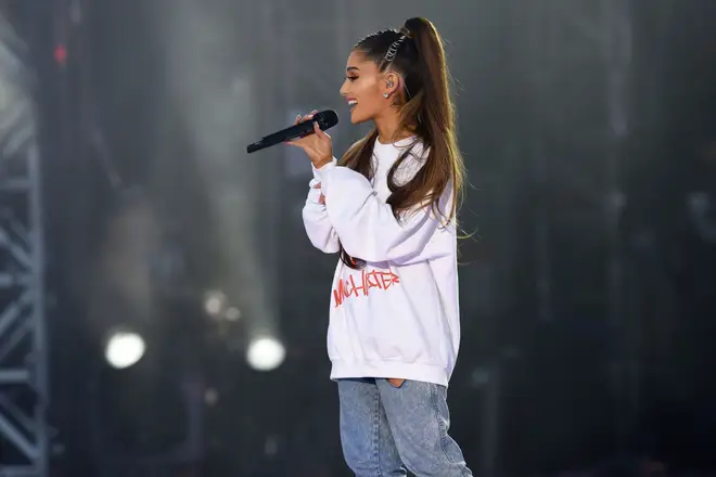 Ariana Grande performing at the One Love Manchester concert in 2017