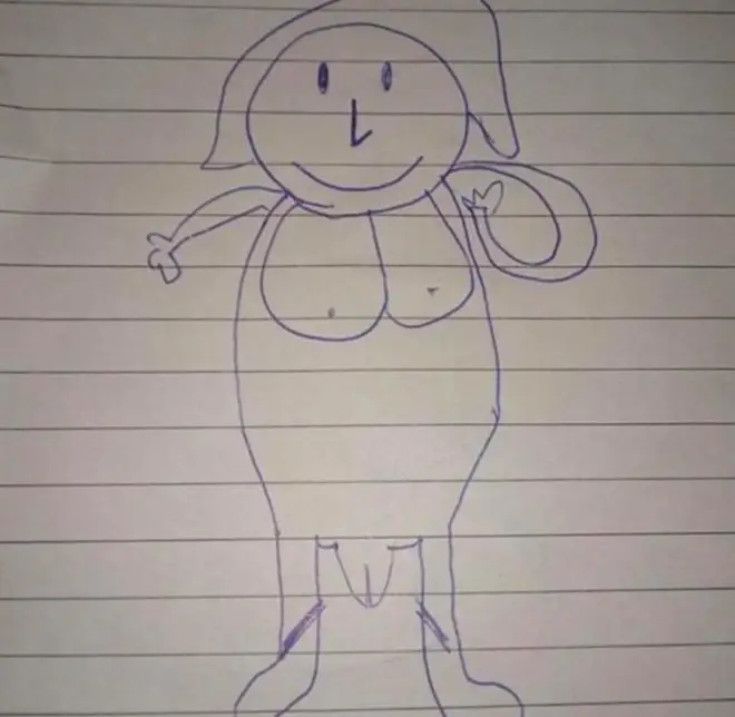 The mother was *very* shocked to see this drawing of her in the shower