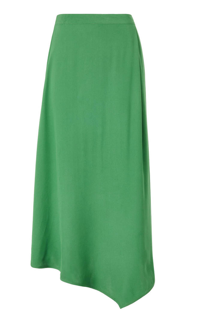Holly’s green skirt is the John Lewis & Partners Asymmetric Fold Midi Skirt in Green