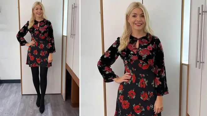 Holly Willoughby is wearing a black and red floral dress from Rixo
