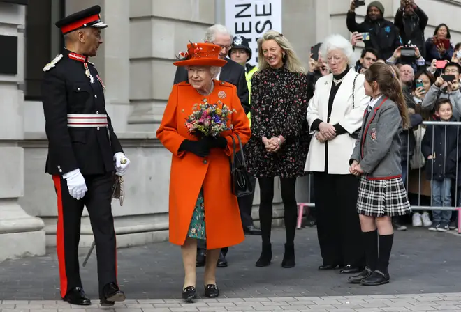The Queen was greeted by cheering crowds in South Kensington this morning