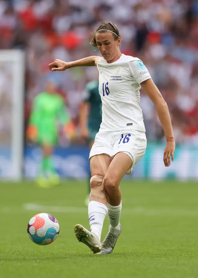 Jill Scott playing for England in 2022