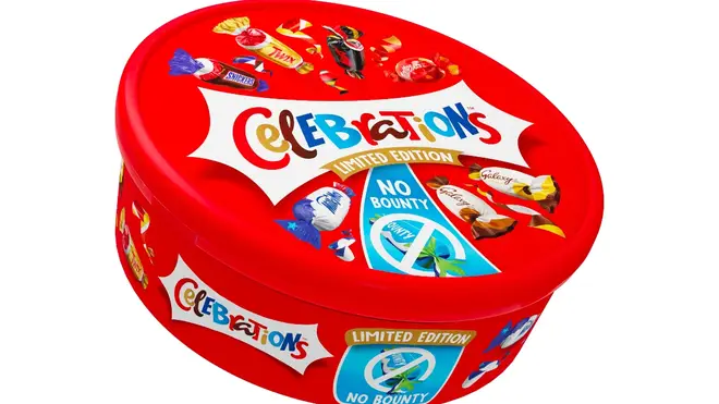 The limited edition Celebrations tubs will have no bounty bars in them and will be available to buy from selected Tesco stores from now until Christmas