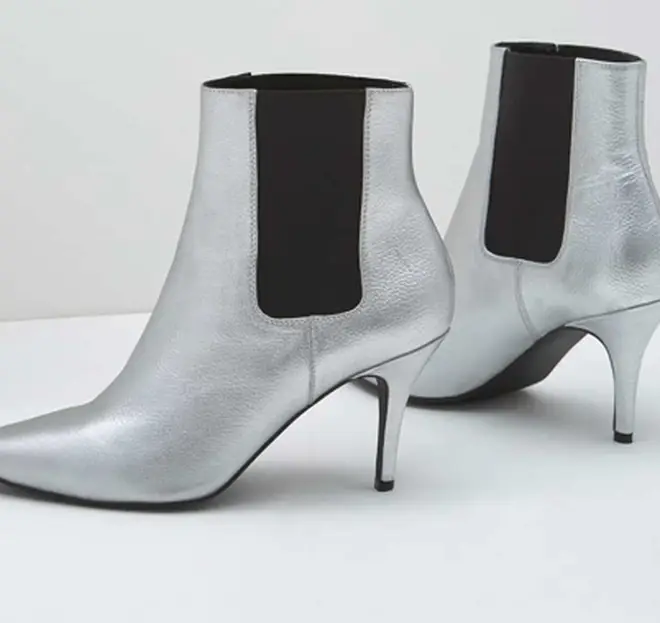 Kelly Brook's silver kitten heel boots are also by Mint Velvet