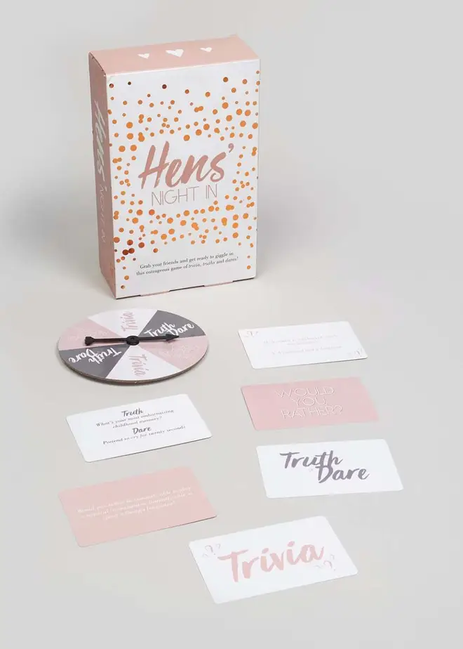 Matalan's bridal collection includes this fun hen party game, which features 100 truth or dare cards, 100 quiz cards, 100 would you rather cards, a spinner and an instruction sheet.