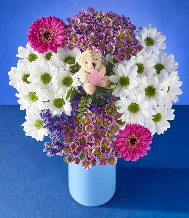The 'Thank You Mum' bouquet includes an adorable teddy bear